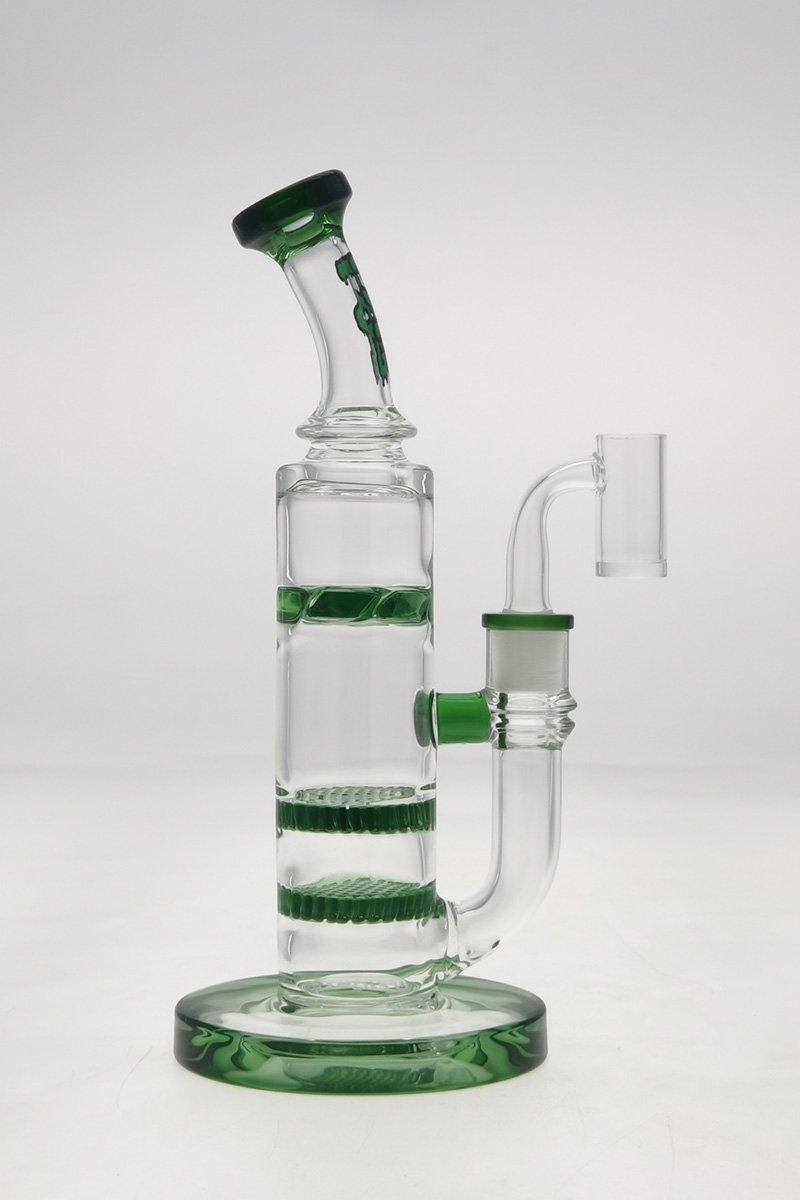 TAG: 9.5" BENT NECK DOUBLE HONEYCOMB WITH SPINNING SPLASHGUARD 44X4MM (14MM FEMALE)
