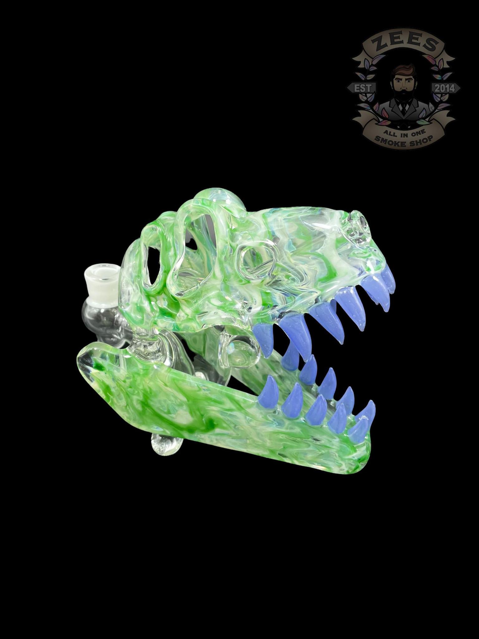 SLURM SNOB GLASS: GREEN W/ MILKY BLUE TEETH DINO SKULL RIG