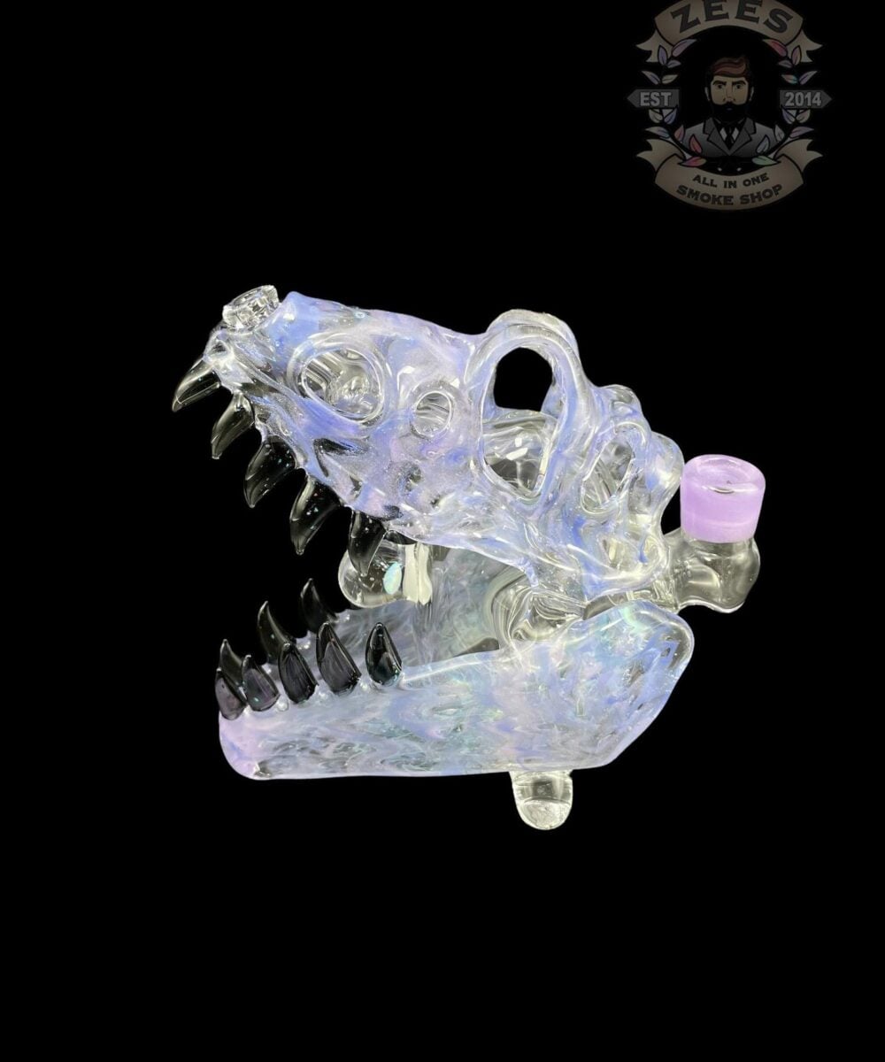 Alternative view of SLURM SNOB GLASS: PURPLE W/ CRUSHED BLACK OPAL TEETH DINO SKULL RIG