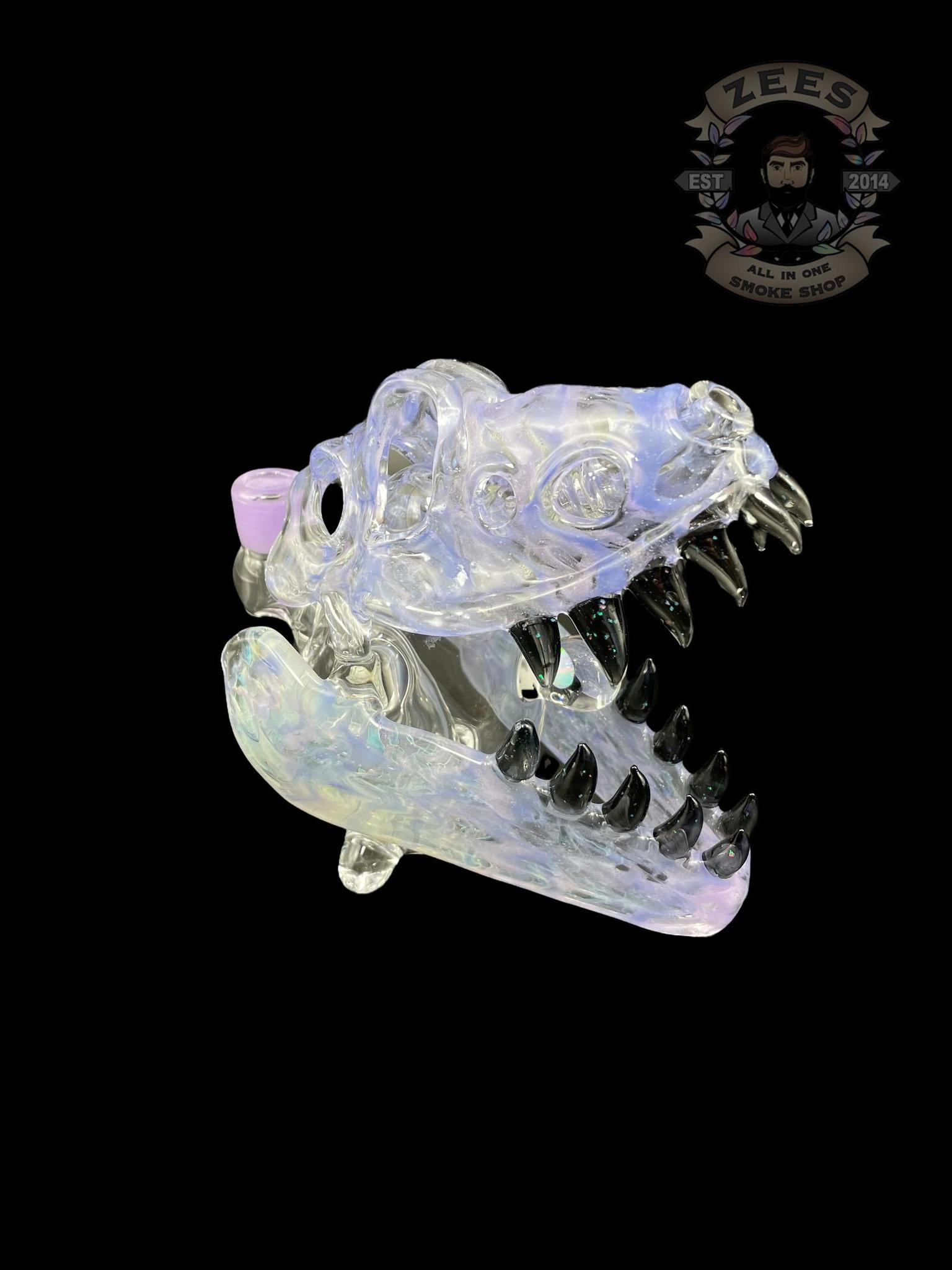 SLURM SNOB GLASS: PURPLE W/ CRUSHED BLACK OPAL TEETH DINO SKULL RIG