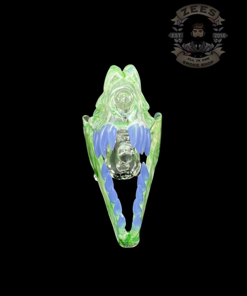 Alternative view of SLURM SNOB GLASS: GREEN W/ MILKY BLUE TEETH DINO SKULL RIG