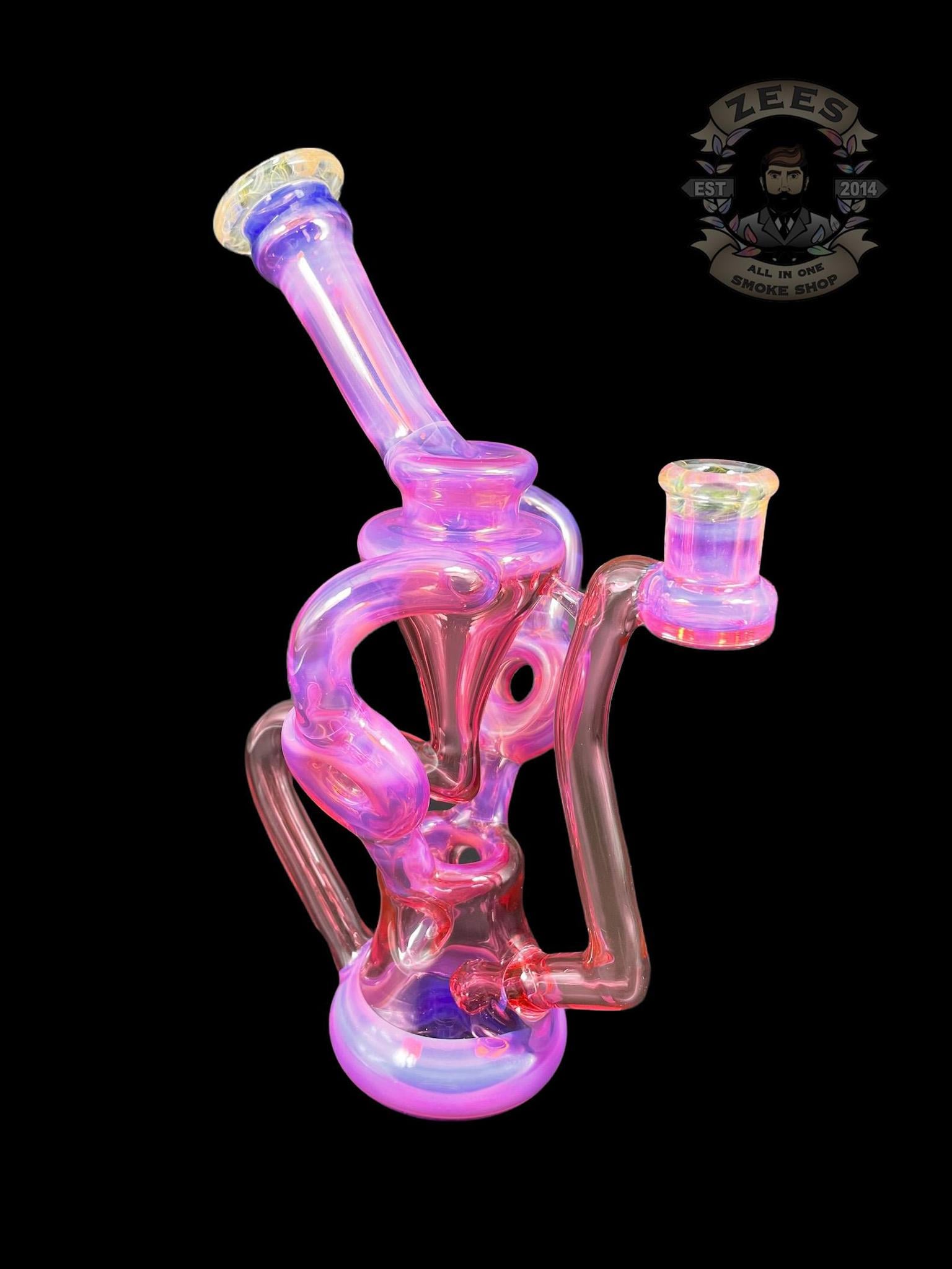 SWEET JUSTICE GLASS: PINK SLYME AND POMEGRANATE SWISS DOUBLE DOUGHNUT RECYCLER