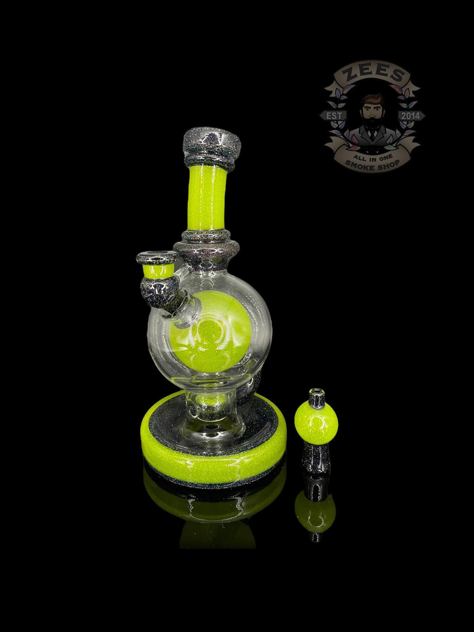 BRENT 503: 8" LIME DROP BLACK CRUSHED OPAL BALL RIG W/ MATCHING CAP