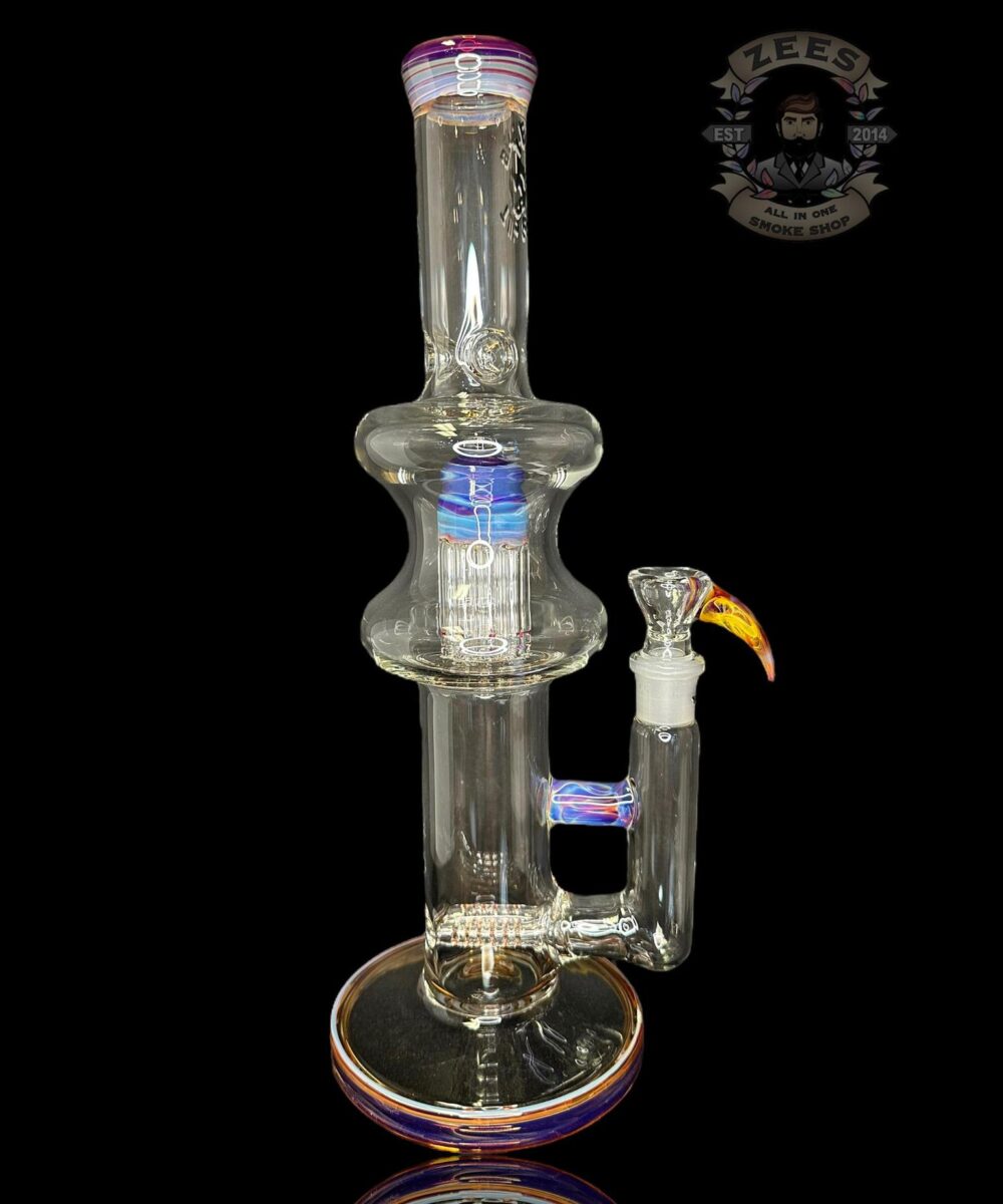 TEXAS TUBES: 15" AMBER PURPLE DUAL STEMLINE 8-ARM HOURGLASS TUBE