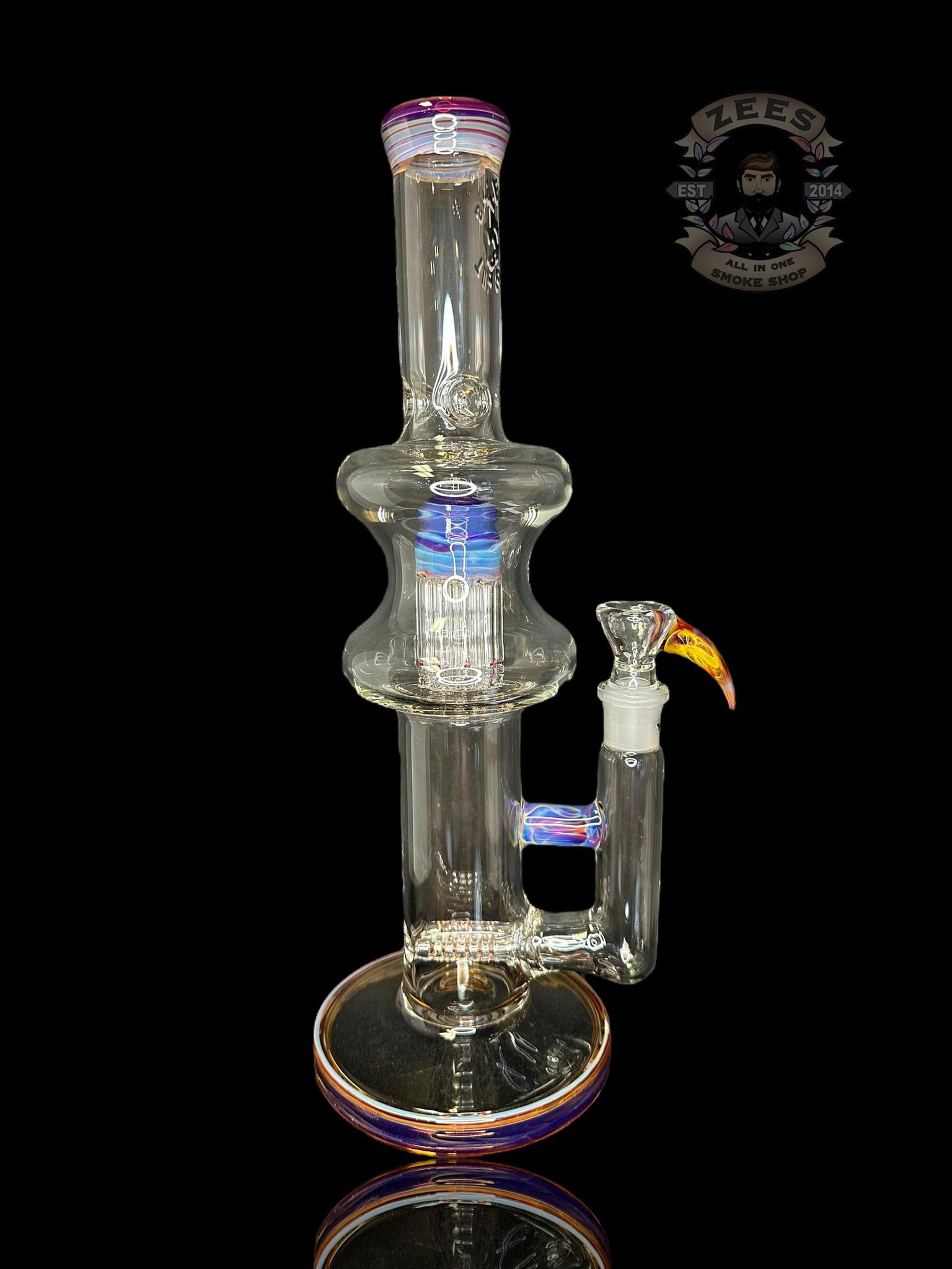 TEXAS TUBES: 15" AMBER PURPLE DUAL STEMLINE 8-ARM HOURGLASS TUBE