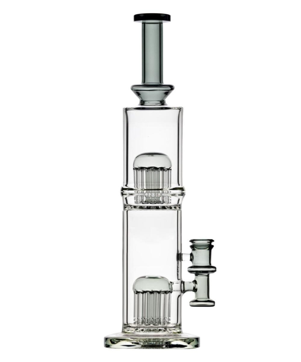 IRIDESCENT GLASS: 13" DOUBLE TREE PERC WATER PIPE - TRANSPARENT BLACK