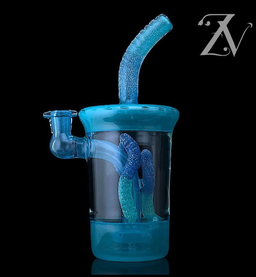 EMPERIAL GLASS: SOUR WORM CUP RIG HAND MIX AQUA X HAND MIX BLUE (BERRY MUFFINS)