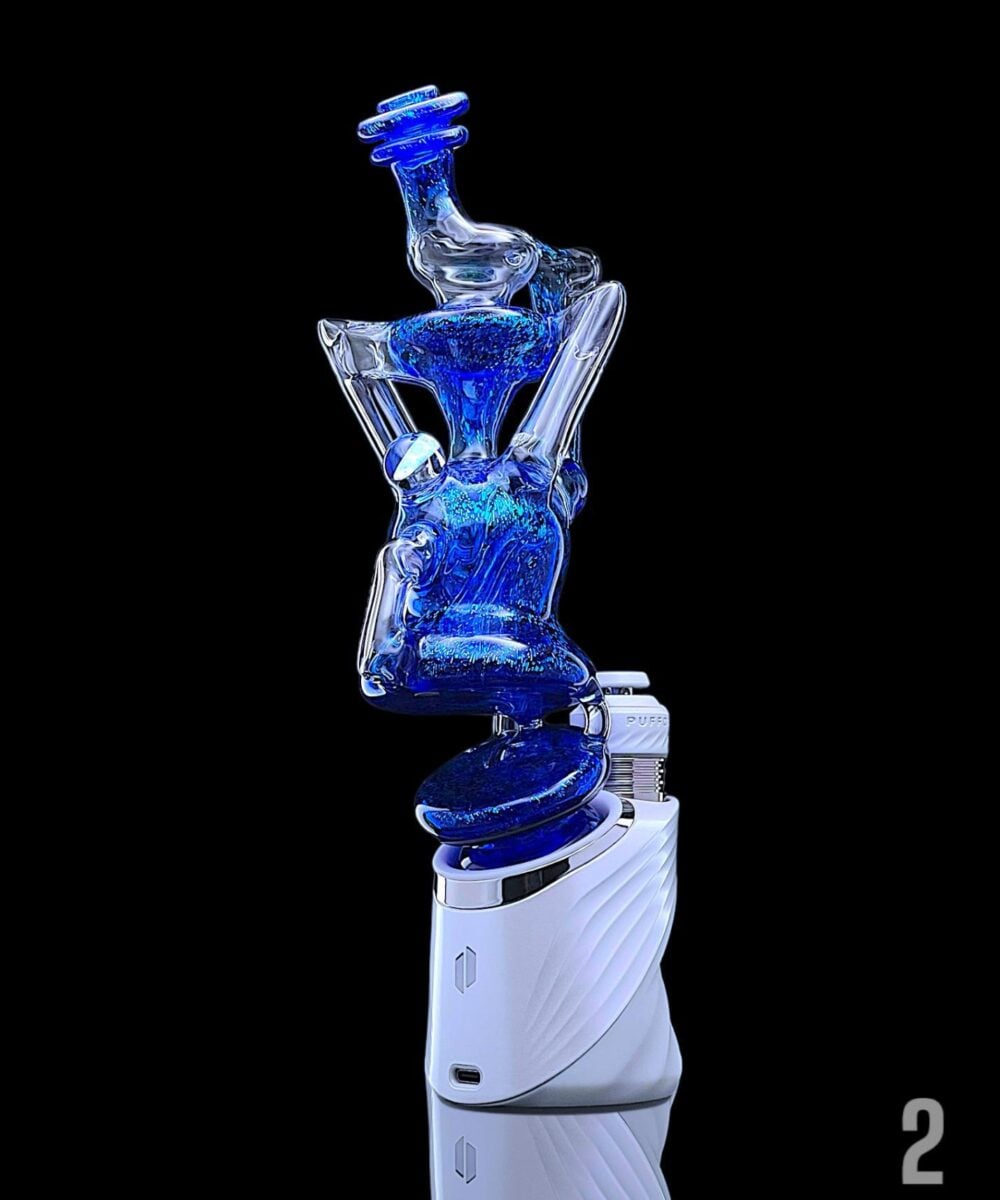 JF GLASS: HEADY WISHBONE RECYCLER PUFFCO PEAK ATTACHMENT - #2 BLUE COBALT DICHRO