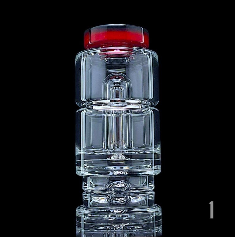 SPIDER GLASS: CENTER CUT ACCENTED PUFFCO PEAK GLASS ATTACHMENT - #1 - CENTER CUT 2 HOLE RED POMP X JET BLACK