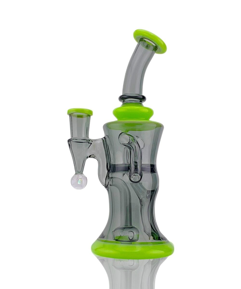CALI BEAR GLASS: 8" COLORED GILCYCLER WITH ENCASED OPAL MILKY GREEN/TEAL BLACK