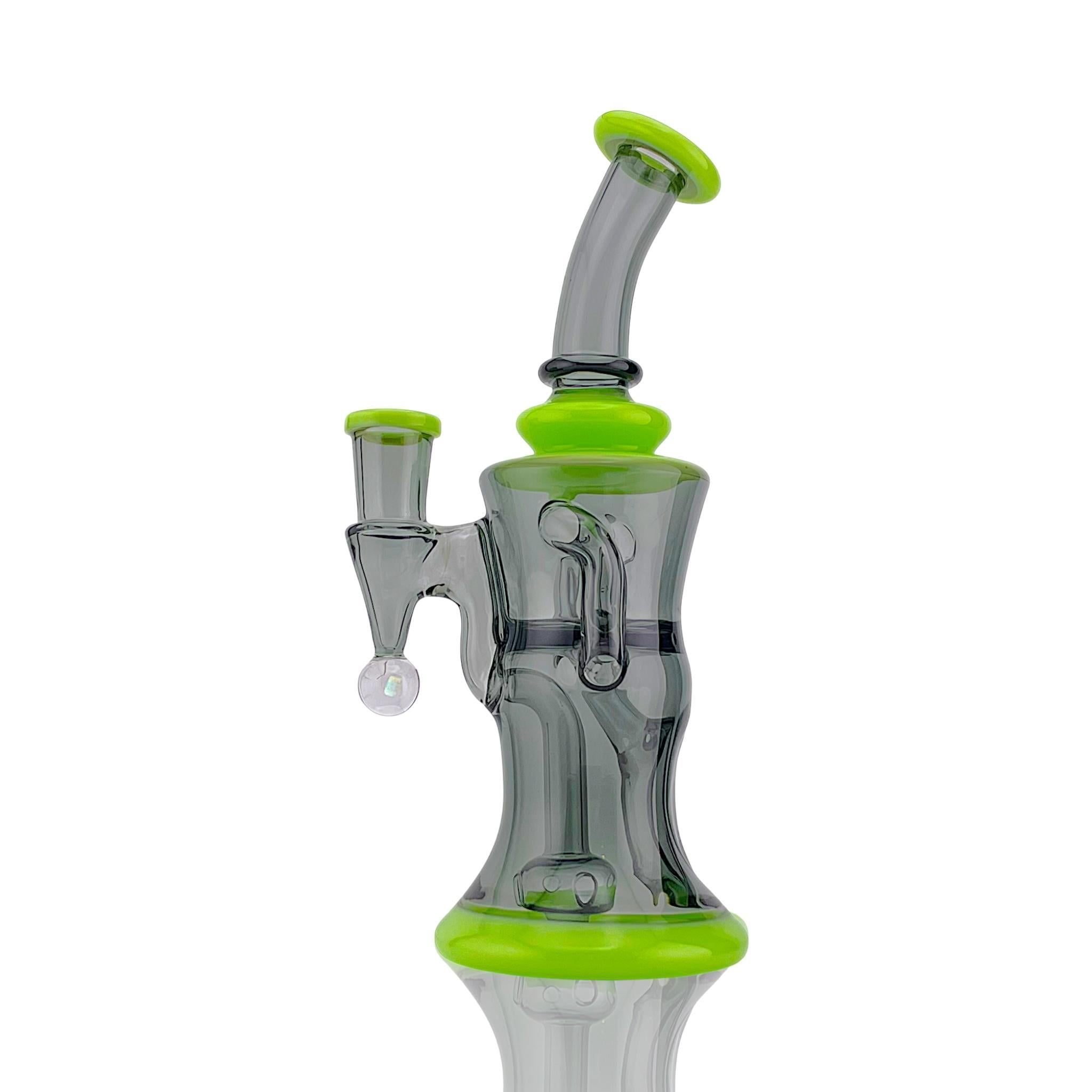 CALI BEAR GLASS: 8″ COLORED GILCYCLER WITH ENCASED OPAL MILKY GREEN/TEAL BLACK